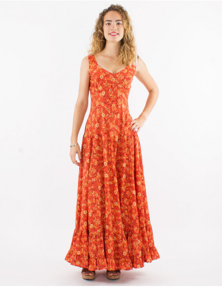 Robe longue sexy évasée à motifs petites fleurs orange