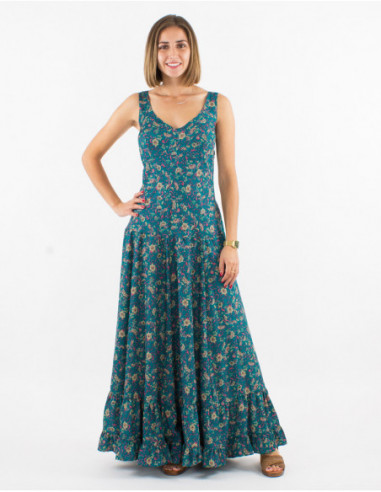 Robe longue d'été volant sur le bas motif bohème petites fleurs bleu pétrole