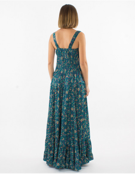 Lightweight summer long dress with small petrol blue flower print