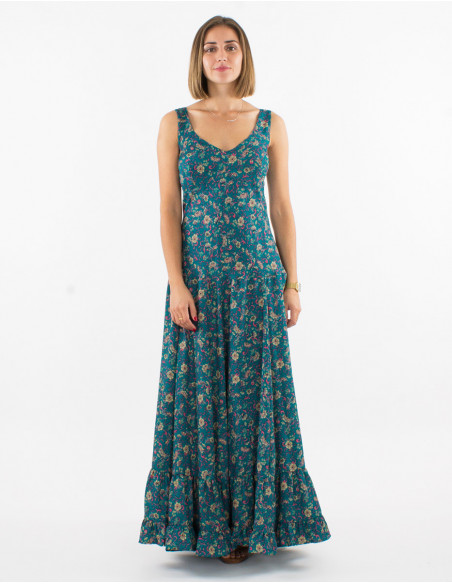 Robe longue sexy évasée à motifs petites fleurs bleu pétrole