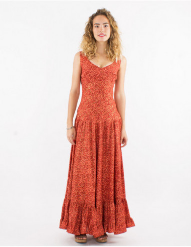 Bohemian long dress for summer 2023 with orange boho print