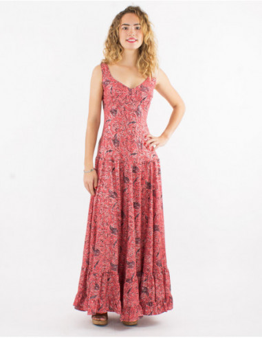 Long boho chic dress for summer printed with golden cashmere salmon pink