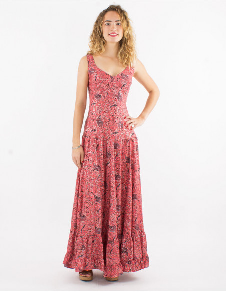 Robe longue boho chic pour l'été imprimée cachemire doré rose saumon