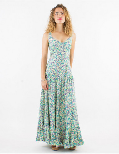 Women's spring long dress with fresh blue floral print