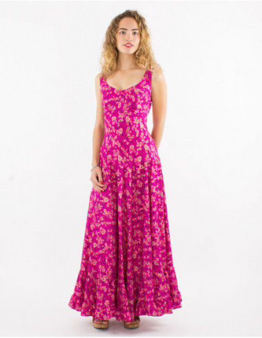 Robe longue à larges bretelles et motifs grosses fleurs rose fuchsia
