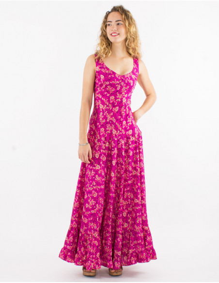 Spring long dress with small fuchsia pink bohemian flowers for women