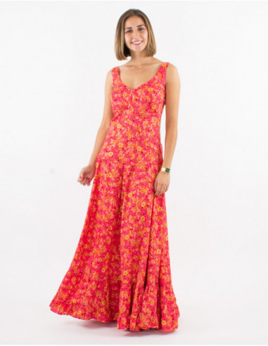 Salmon pink long dress with wide straps and big flowers