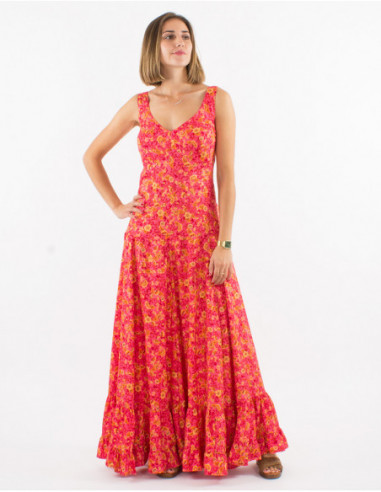Spring long dress with small salmon pink bohemian flowers for women