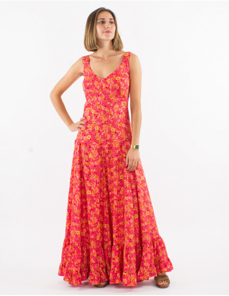 Robe longue printanière à petites fleurs bohème rose saumon pour femme