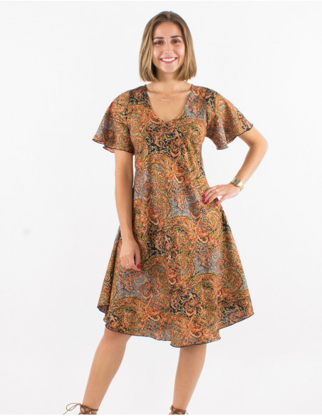 Robe de plage fluide évasée imprimé baba cool original gris