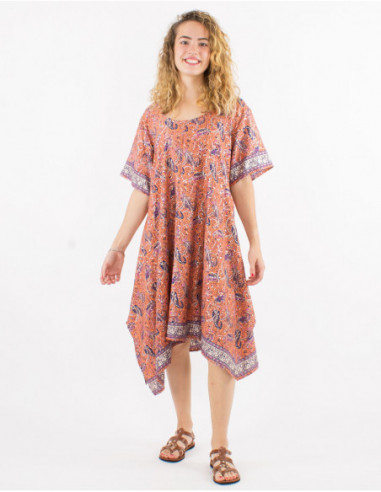 Oversized beach dress asymmetrical boho floral paisley orange