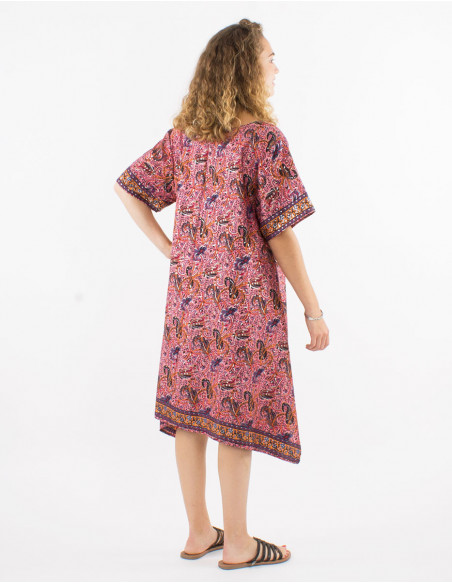 Mid-length flowing poncho-style dress for summer with original pink pattern