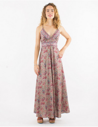 Romantic long dress with cross-over back in mint green cashmere print