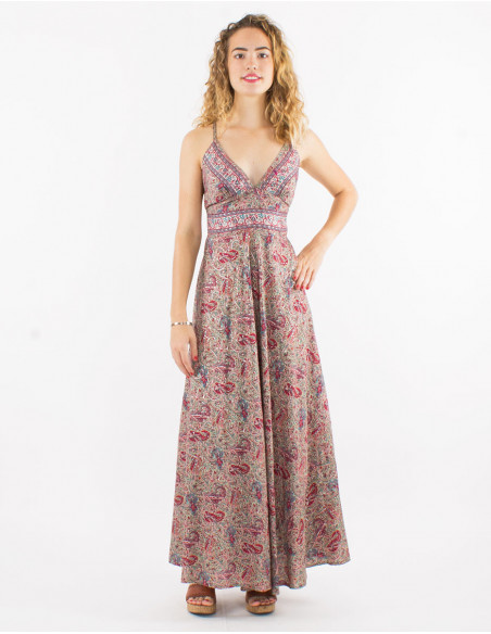 Romantic long dress with cross-over back in mint green cashmere print