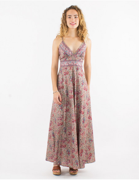 Robe longue fluide pour l'été dos croisé et motif original vert menthe