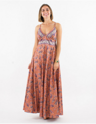 Romantic long dress with orange paisley printed cross back