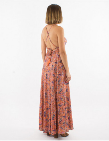 Robe longue dos nu pour femme chic motif cachemire orange