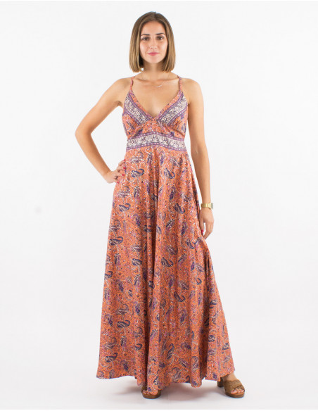 Robe longue fluide pour l'été dos croisé et motif original orange