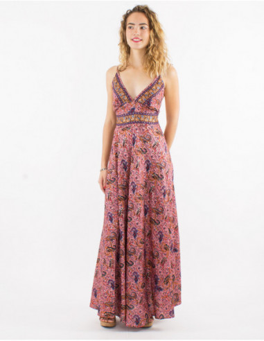 Romantic long dress with pink paisley printed cross back