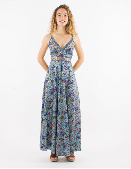Robe longue romantique dos croisé imprimé cachemire bleu turquoise