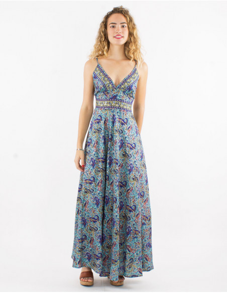 Long flowing dress for summer with cross back and original blue pattern