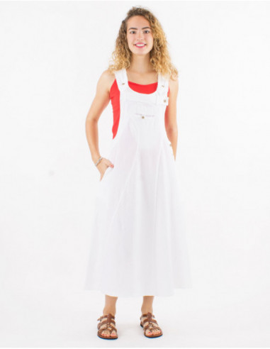 White cotton dungarees, wide mid-length dress