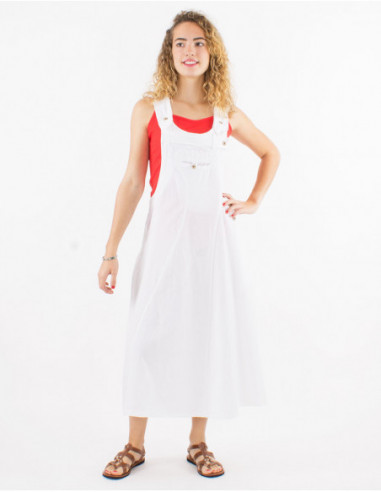 Wide and flared long dress in white cotton dungarees