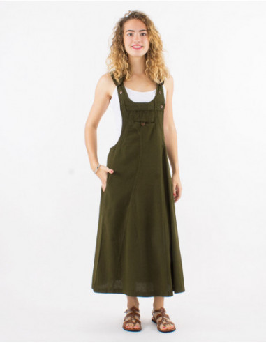 Khaki cotton dungarees, wide mid-length dress