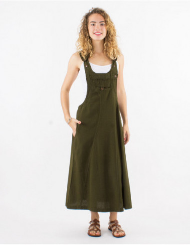 Robe salopette large mi longue en coton uni vert kaki