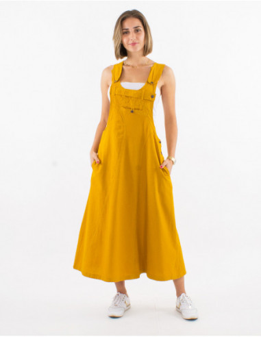 Robe salopette large mi longue en coton uni jaune moutarde