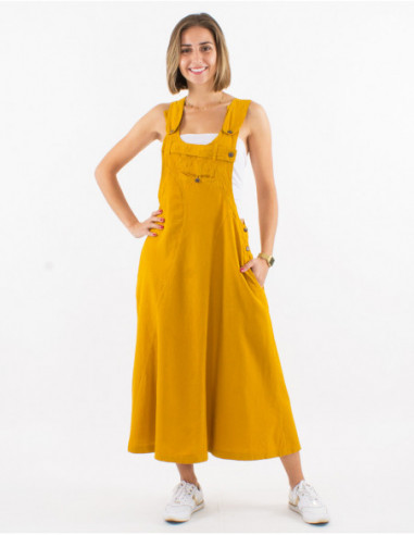 Wide and flared long dress in yellow cotton dungarees