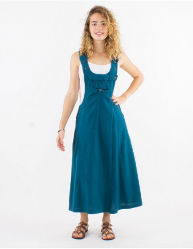 Robe salopette large mi longue en coton uni bleu pétrole