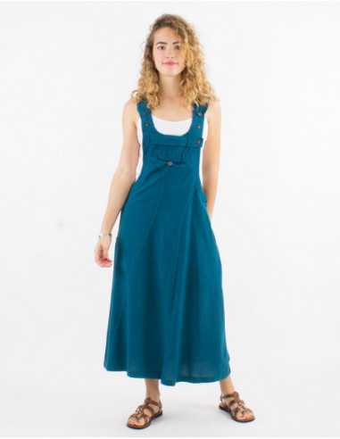 Robe longue femme large et évasée style salopette en coton bleu pétrole