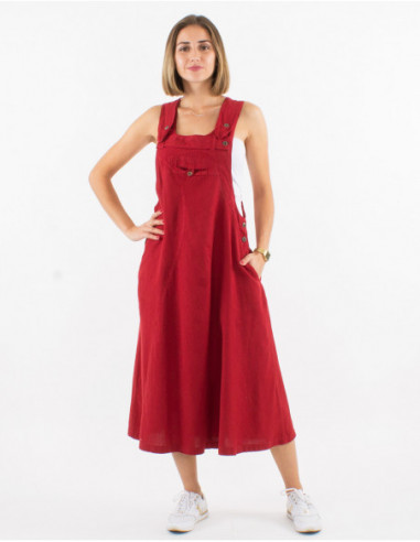 Red cotton dungarees, wide mid-length dress