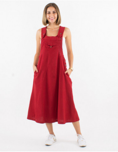 Robe longue femme large et évasée style salopette en coton rouille