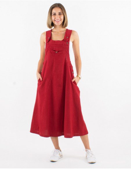 Robe longue femme large et évasée style salopette en coton rouille