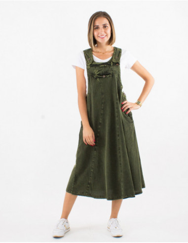 Khaki green stone wash cotton mid-length dress