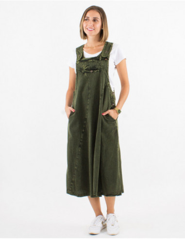 Robe mi mollet originale style salopette en coton stone Wash vert kaki
