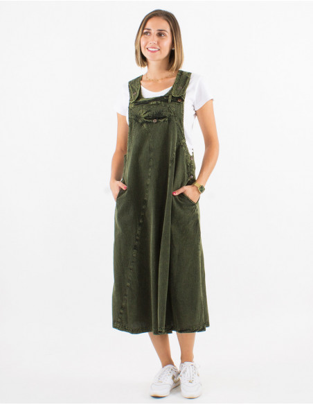 Original mid-calf dress in khaki green stone wash cotton