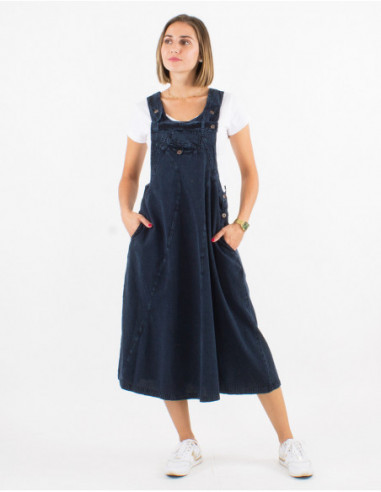 Mid-length dress in navy blue stone wash cotton dungarees
