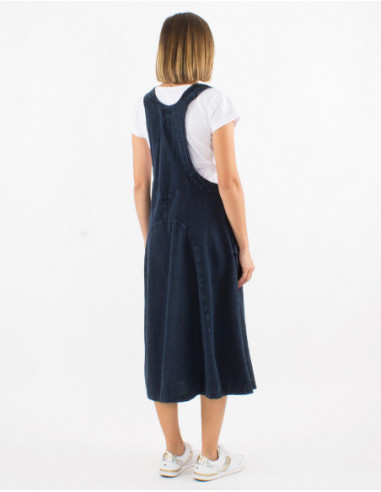 Women's loose and comfortable long dress in navy blue stone wash cotton