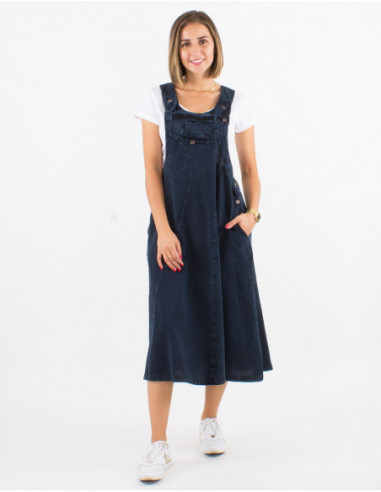 Robe mi mollet originale style salopette en coton stone Wash bleu marine