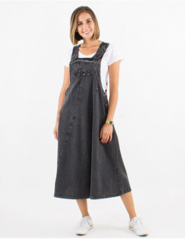 Mid-length dress in black stone wash cotton dungarees