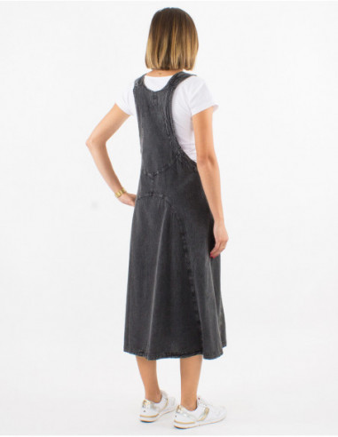 Women's loose and comfortable long dress in black stone wash cotton