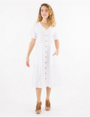 Slim-fitting mid-length dress with metal buttons in plain white cotton