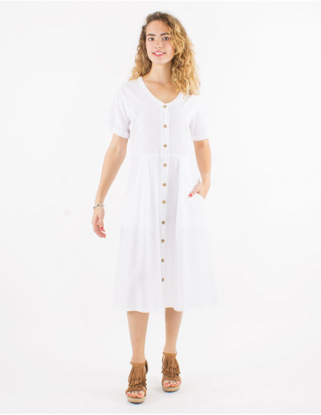 Slim-fitting mid-length dress with metal buttons in plain white cotton