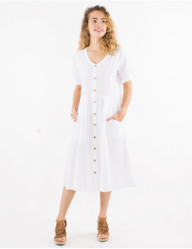 Short sleeve midi dress for spring in 100% white cotton
