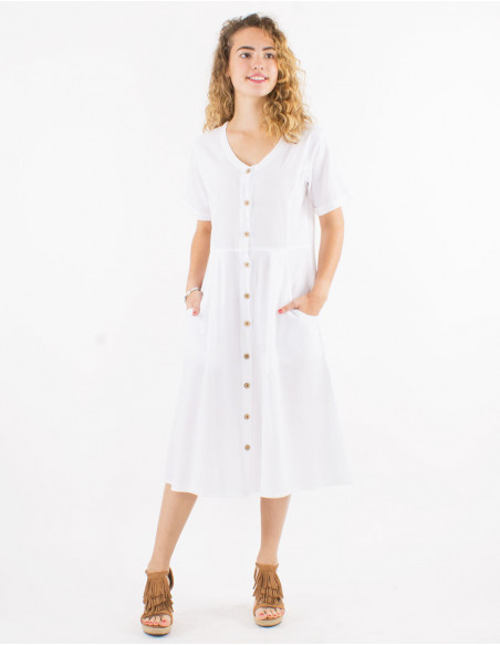 Short sleeve midi dress for spring in 100% white cotton