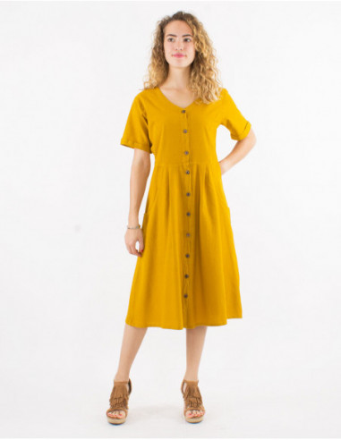 Slim-fitting mid-length dress with metallic buttons in plain mustard yellow cotton