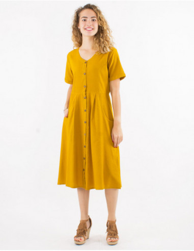 Robe midi à manches courtes pour le printemps en 100% coton jaune moutarde